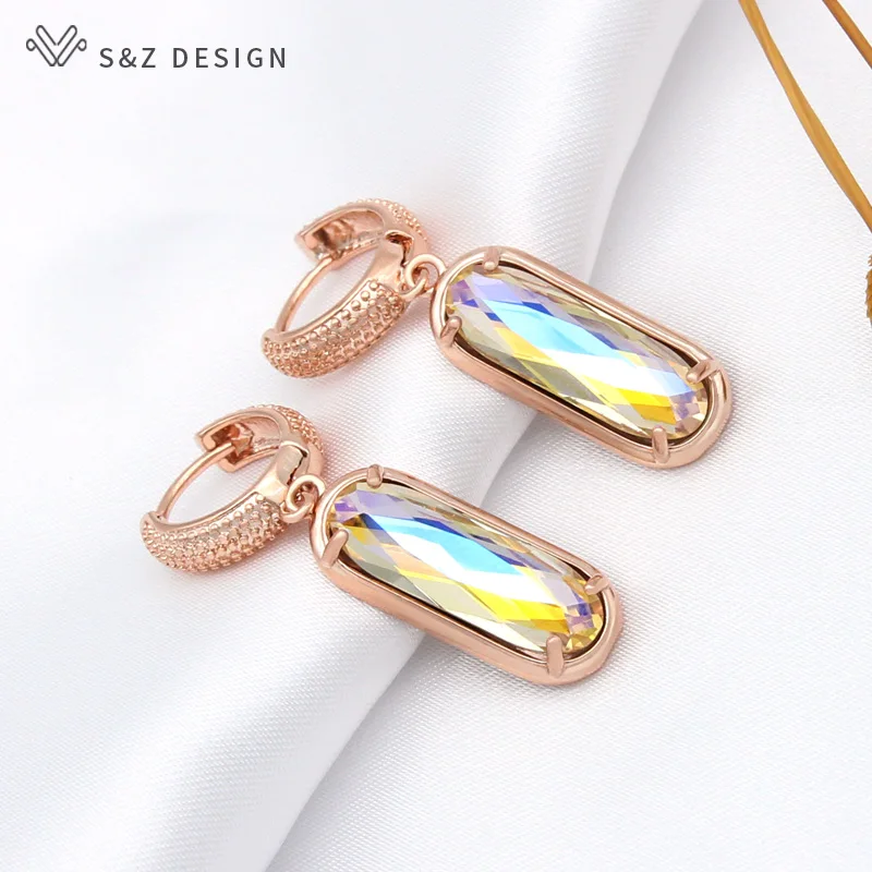 S&Z DESIGN New Luxury Oval Egg Shape Crystal Dangle Earrings For Women Wedding Elegant Party Jewelry 585 Rose Gold Color Gift