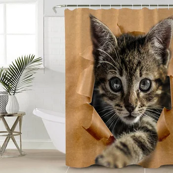 

Cute Pet Themed Cat Pattern Bathroom Shower Curtains Bathroom Decor with Hooks Waterproof