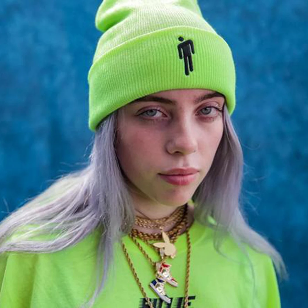 Billie Eilish, шапка в стиле хип-хоп, женские неоновые зеленые кепки, Модная вязаная шапочка с вышивкой, шапки Skullies, уличная шапка, капот, 18 цветов