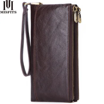 

MISFITS QualityCowhide Men Clutch Wallets Genuine Leather Long Purses Business Large Capacity Wallet Double Zipper Free Shipping