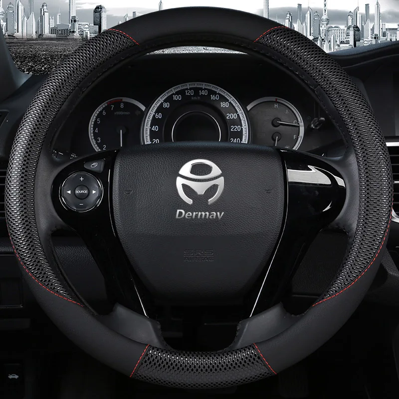 DERMAY кожаный чехол на руль 37-38 см массажный нескользящий для VW Ford Mazda Nissan Volvo Lada Bmw Renault - Название цвета: Черный