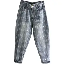 Осенние новые модные прямые джинсы для женщин тяжелая работа Горячая сверление Алмазная Высокая талия Свободные шаровары