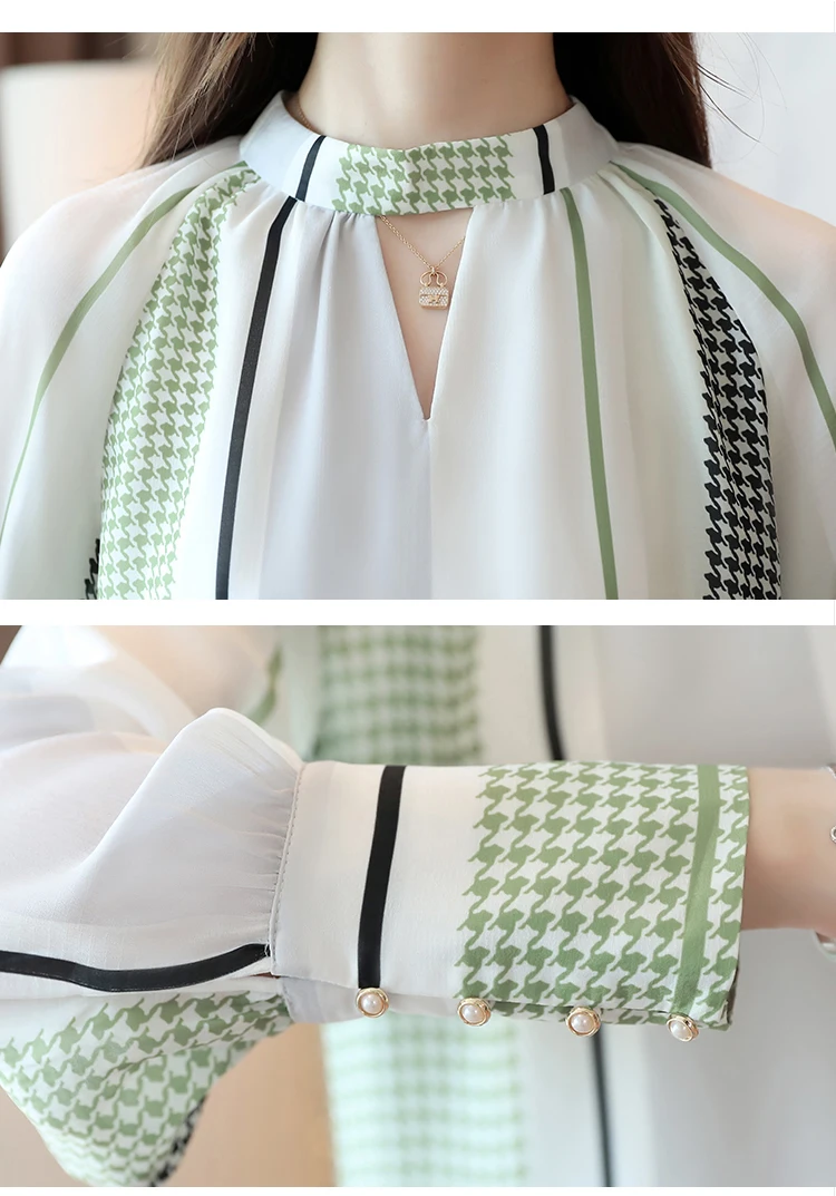Винтажная шифоновая блузка с принтом и длинным рукавом Blusas Mujer De Moda повседневные офисные женские топы с v-образным вырезом женские осенние Топы 7086 50