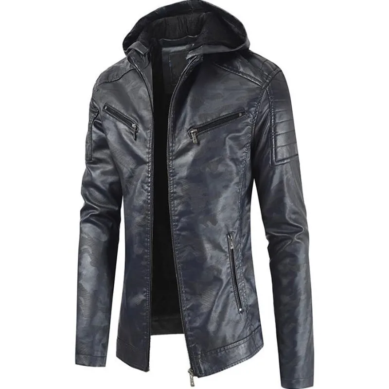 autumn/winter high quality new casual fashion hooded PU leather coat double zipper decoration men's leather coat coat