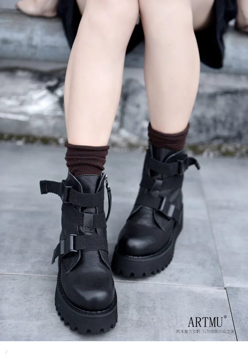 Artmu Original Thick Bottom Ankle Boots Belt Buckle Martin Boots Platform Wedge Heel Women Boots Genuine Leather Handmade Boots