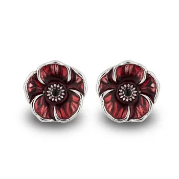

White Gold Tone Red Enamel Poppy Flower Earrings Jewelry Remembrance Day Gifts