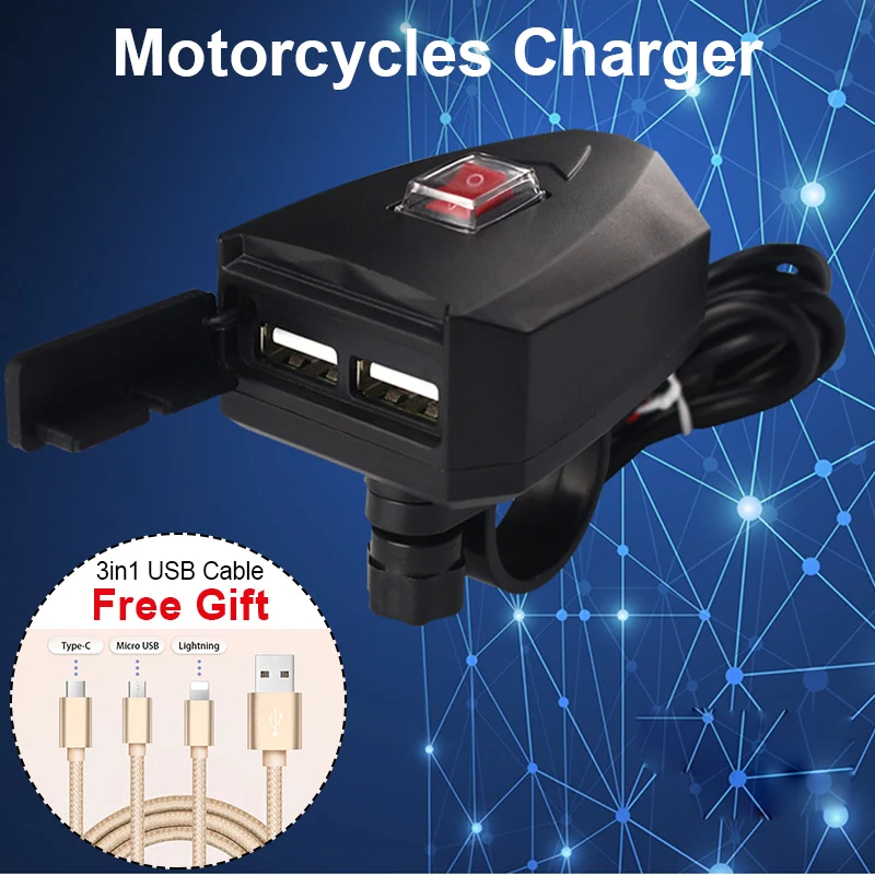 

Dual USB Port 12V Waterproof Motorbike Motorcycle Handlebar Charger 5V 1/2.1A Adapter Power Supply Socket for Phone Mobile cable