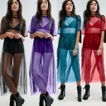 

New Fashion Women Short Sleeve Black Gauze Meshm Long Loose Dress Sheer Maxi Dress Tulle Stylish Womens Long Voile Dresses