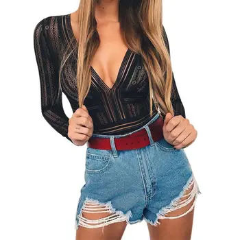 

Sexy Bodycon Bodysuits Slim Fit Romper Jumpsuit Women Deep V neck Lace Mesh Bodysuit