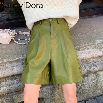 

S-4XL Fashion PU Leather Shorts Women's Autumn Winter Bermuda Elastic Waist Loose Five Points Leather Trouser Plus Size Shorts