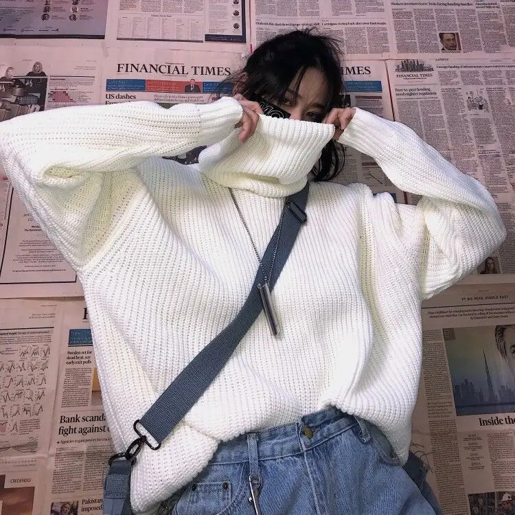 Woherb/осень, большой пуловер, свитер, женский свободный однотонный вязаный свитер в Корейском стиле, топы, джемпер, Pull Femme - Цвет: Белый