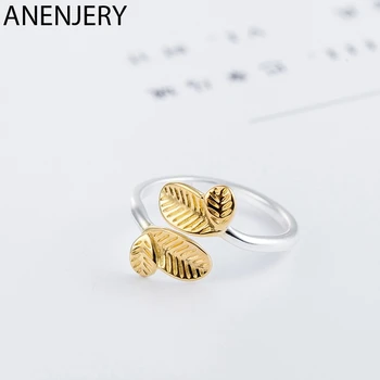

ANENJERY New Design Gold Gold Leaf Open Finger Ring 925 Sterling Silver Ring Jewelry For Women Party Gifts Wholesale S-R577
