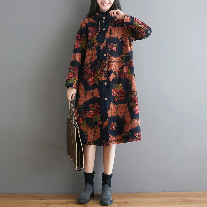 Photo Shoot Autumn And Winter New Style Ethnic-Style Large Size Cotton Linen Retro Printed Brushed And Thick Medium-length