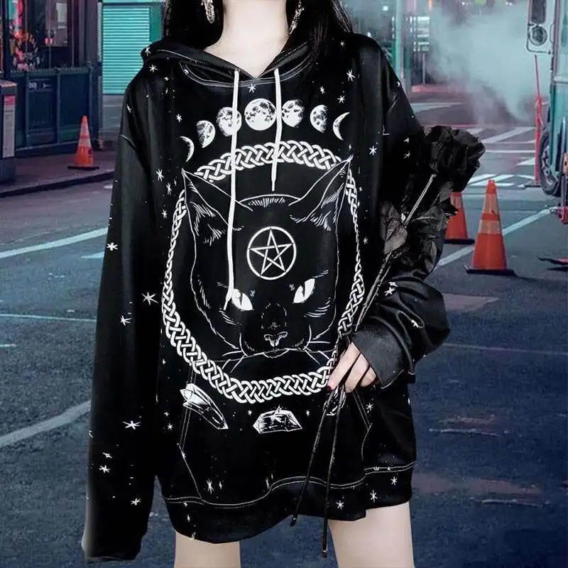  Raisevern Harajuku Punk Hoodie Pentagram Print Black Sweatshirts Gothic Streetwear Pullovers Long S