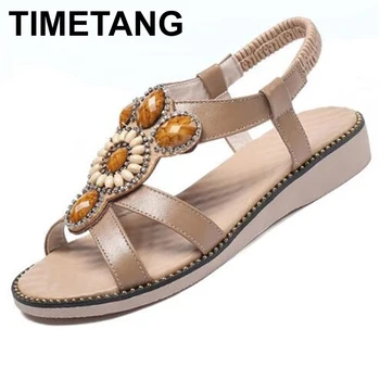 

TIMETANG2020 hot summer new rhinestone chain pearl flat beach sandals genuine leather women sandals comfort light fashion casual