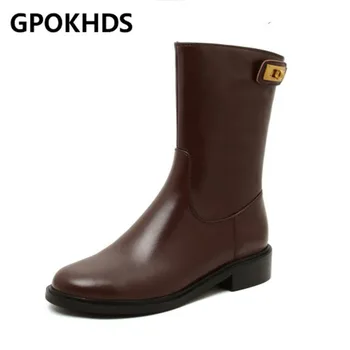 

GPOKHDS 2021 women ankle boots cow leather zippers Metal Decoration boots winter short plush round toe high heels women boots