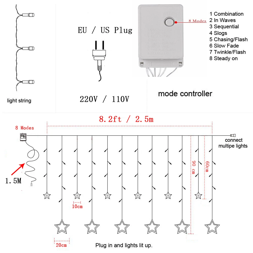 2,5 м, 138LED, 220 В, EU/110 В, США, рождественские гирлянды, гирлянда, светильник s, сказочный светильник для занавесок, для улицы, для вечерние, свадебные, праздничные, Декор