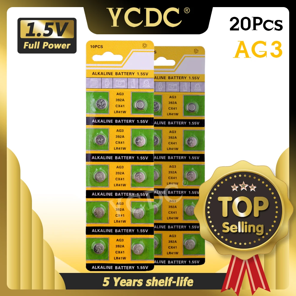 YCDC 20 piezas/2 tarjetas Ag3 batería 392 limitada 1,5 V 392A SR41SW LR41 192 SR41 alcalina pila de moneda baterías de tamaño 7,9*3,6mm