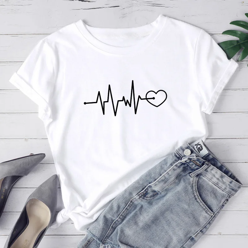 Женские повседневные футболки с коротким рукавом и принтом сердца ECG белые