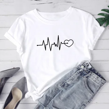 

ECG Heart Print Women T Shirt Summer Short Sleeve Casual O-neck White Black Tshirt Fashion Homme Streetwear T-shirts