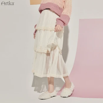 

ARTKA 2020 Autumn New Women Skirt Elegant Sweet Mesh Lace Cake Skirts Elastic Waist Pleated Tulle Long Skirts Women QA20207Q