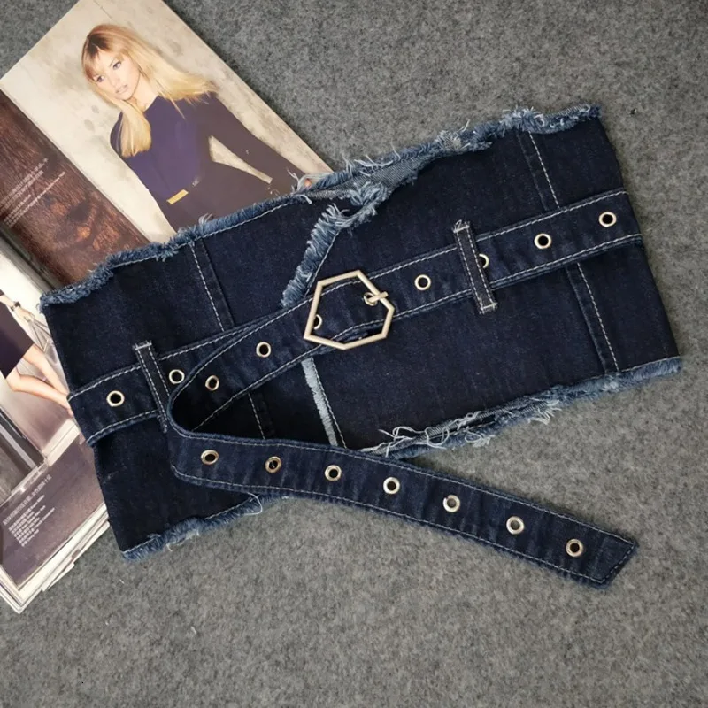 dark blue WKOUD EAM, модный широкий пояс для женщин, деним, одна неправильная Пряжка, шнуровка, кисточка, одноцветная Талия, уплотнение для женщин A138 - Цвет: dark blue