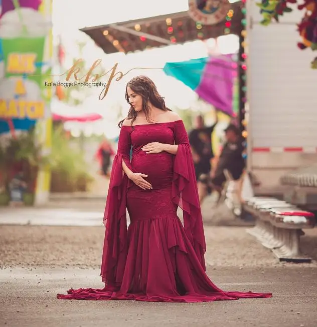 Long Maternity Dresses For Photo Shoot Women Clothes Lace Maternity Photography Props Dresses For Pregnant Lotus leaf edge - Цвет: as picture