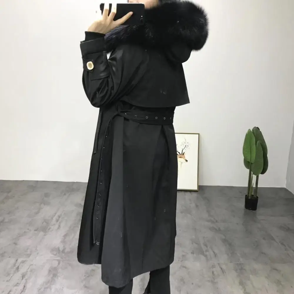 Parka Real Fur Thicken Female Real Rabbit Fur Liner Long Trench Coats Winter Jacket Women Fox Fur Collar Parkas - Color: Black