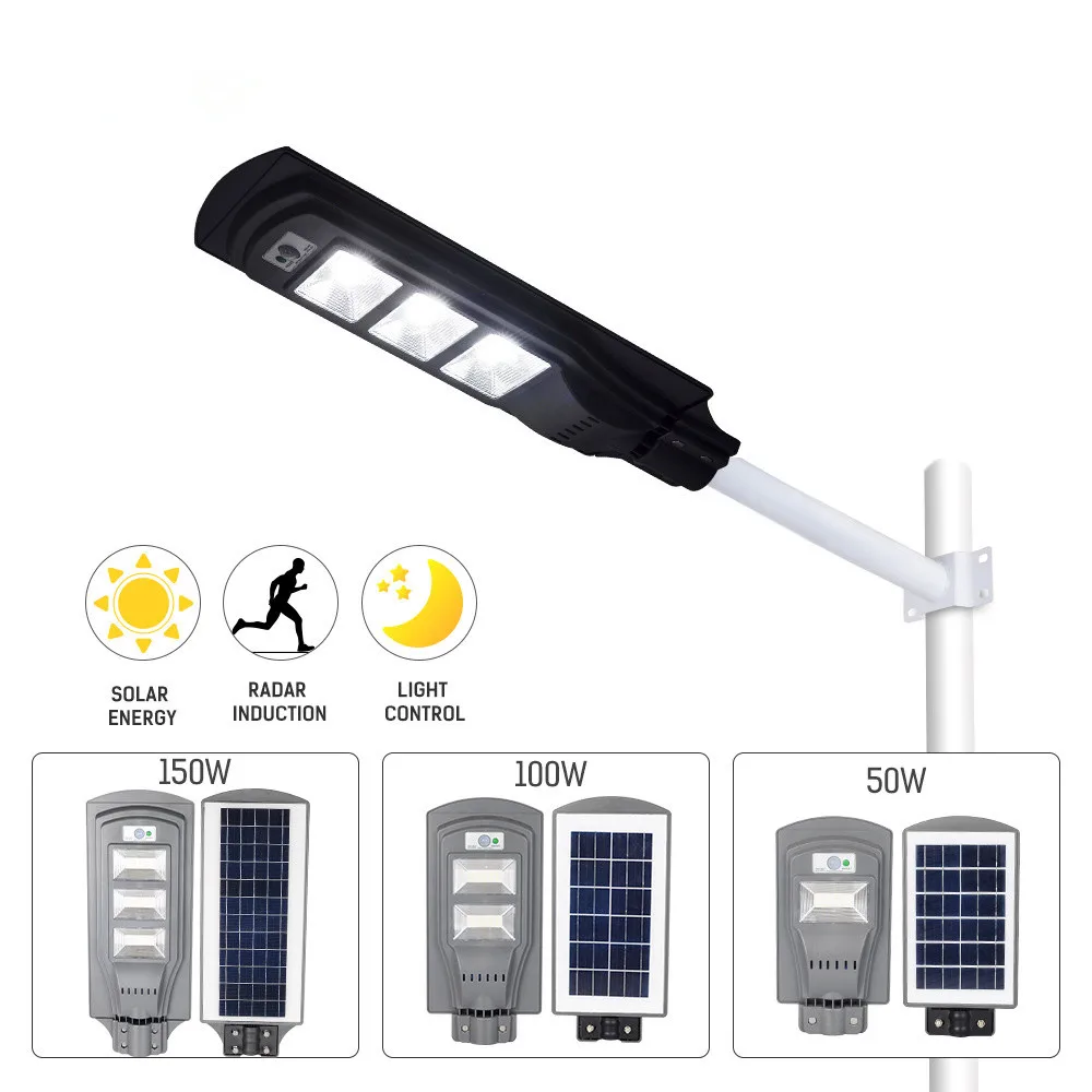 

LED Street Light 50/100/150W LED Solar Radar PIR Motion Sensor Wall Light + Square Garden IP65 Outdoor Waterproof Street Light