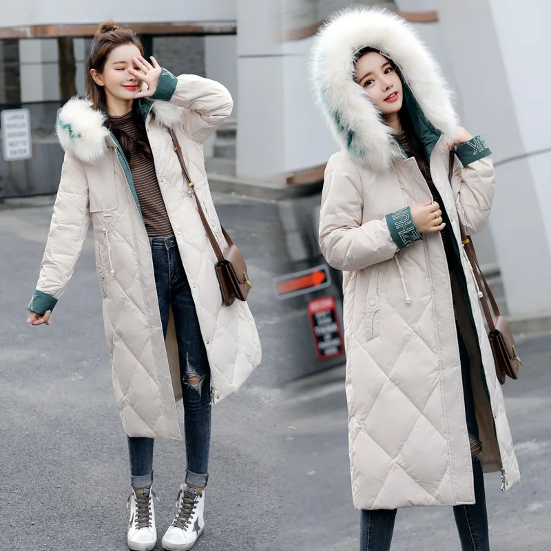 

2019 Winter Korean-style Large Fur Collar Fashion Hooded Embroidered Cotton Coat Long Sleeve Long Drawstring Slimming Cotton Ove