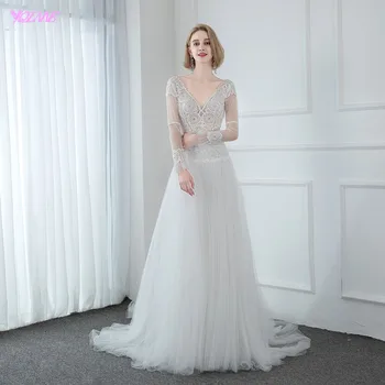 

2020 Bohemia Lace Embroidered Wedding Dress Beach Long Sleeve Ivory Tulle Backless Bridal Gowns Vestido De Noiva Robe De Mariee