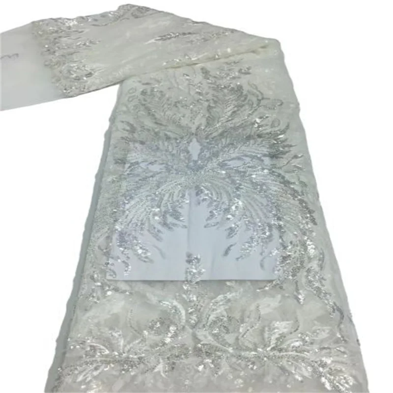 

White Hot Sale African Lace Fabric High Quality Sequins Shiny Nigeria French Tulle Mesh Lace Fabric for Bridal Materials Sew
