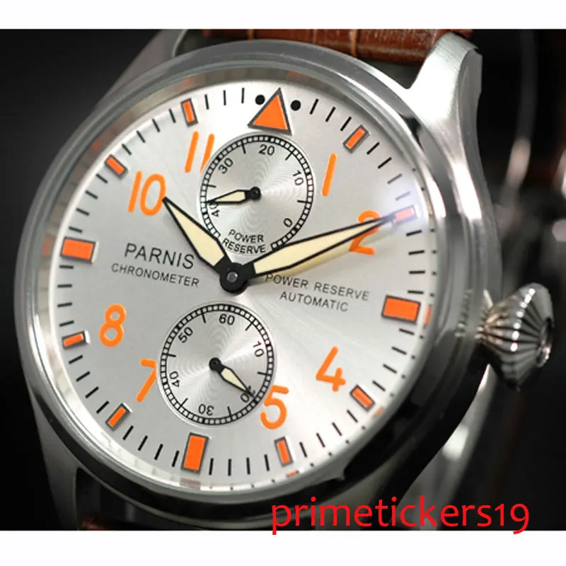 

Orange hands PARNIS 47mm white dial automatic men's watch power reserve indicator leather strap