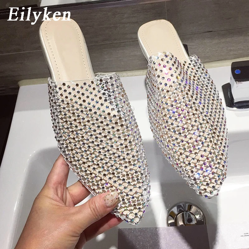 EilyKen/туфли без задника на плоской подошве; женские шлепанцы со стразами; сандалии без застежки с острым носком из прозрачного сетчатого материала; вечерние женские шлепанцы без задника - Цвет: Silver