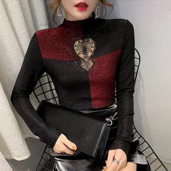 

Contrast Color Clothes Shiny Tees Diamonds Bright Gold T-shirt Women 2020 Spring Autumn Tops Ropa Mujer Bottoming Shirt T9D603