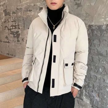 

Men Cotton Coat High Stand Collar Windproof Zipper Casual Fashion Velcro Hit Color Printing Man Cotton Coat