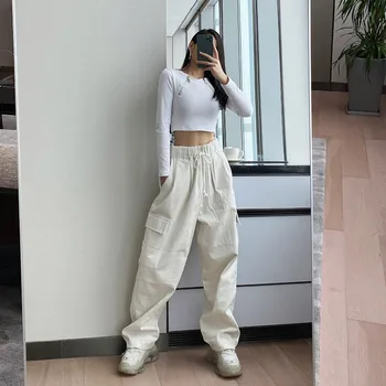 

High Qulity 2020 Wide Leg Cargo Pants Women Spring Summer Harem Pants Cotton Corduroy Solid Elastic Waist Loose CasualTrousers