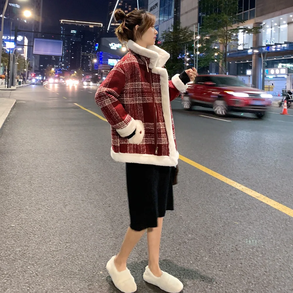 

Photo Shoot 2019 Winter New Style Fashionable WOMEN'S Dress Retro Graceful Lambs Wool Joint Plaid Short Woolen Jacket