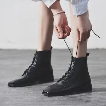 comprar Britânico Chique Retro Ankle Boots Moda Feminina Sapatos De Motocicleta Preto Marrom Outono Inverno Goth Couro Quadrado Toe Senhoras Botas Neve