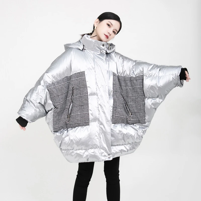 SHENGPALAE Casual Patchwork Plaid Cotton Female Hooded Collar Long Sleeve Bat Sleeved Women's Parkas Fashion Clothing A241