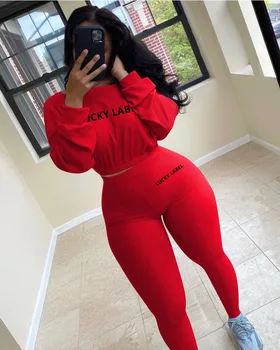 Letter Printed Embroidery Women Two Piece Ribbed Tracksuits Fall Spring Long Sleeve Sweatshirt and Skinny Pants Set 1