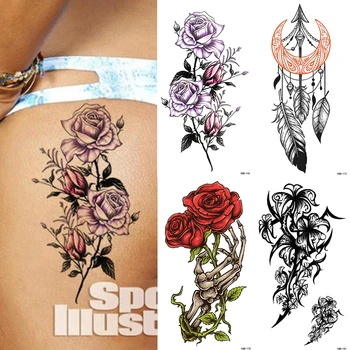 

Waterproof Temporary Tattoo Sticker Rose Flower Lotus Henna Flash Tattoos Dreamcatcher Body Art Arm Fake Sleeve Tatoo Women Men