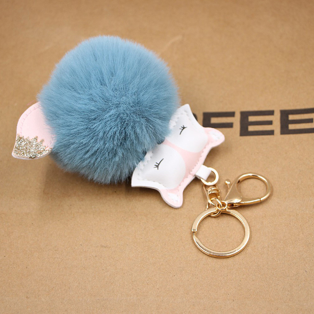 Ball Keychain Charm Key Ring Cute Leather Fox Keyring Plush Fluffy Pompom Faux Rabbit Fur Ball Bag Car Key Charms Accessory