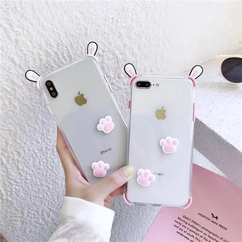 

case for iPhone 11 XR 7 8 11 Pro Max X XS Max Plus 6 6s cover Stereo Rabbit Ears Transparent Drop-Resistant Soft Cat Claw case