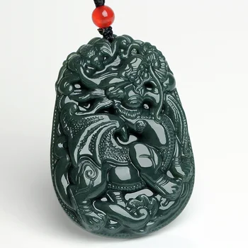 

Natural Dark Green HETIAN Nephrite Pendant Carved Chinese Dragon Kylin Pendant Necklace Gift For Men's Jade Jewelry Free Rope