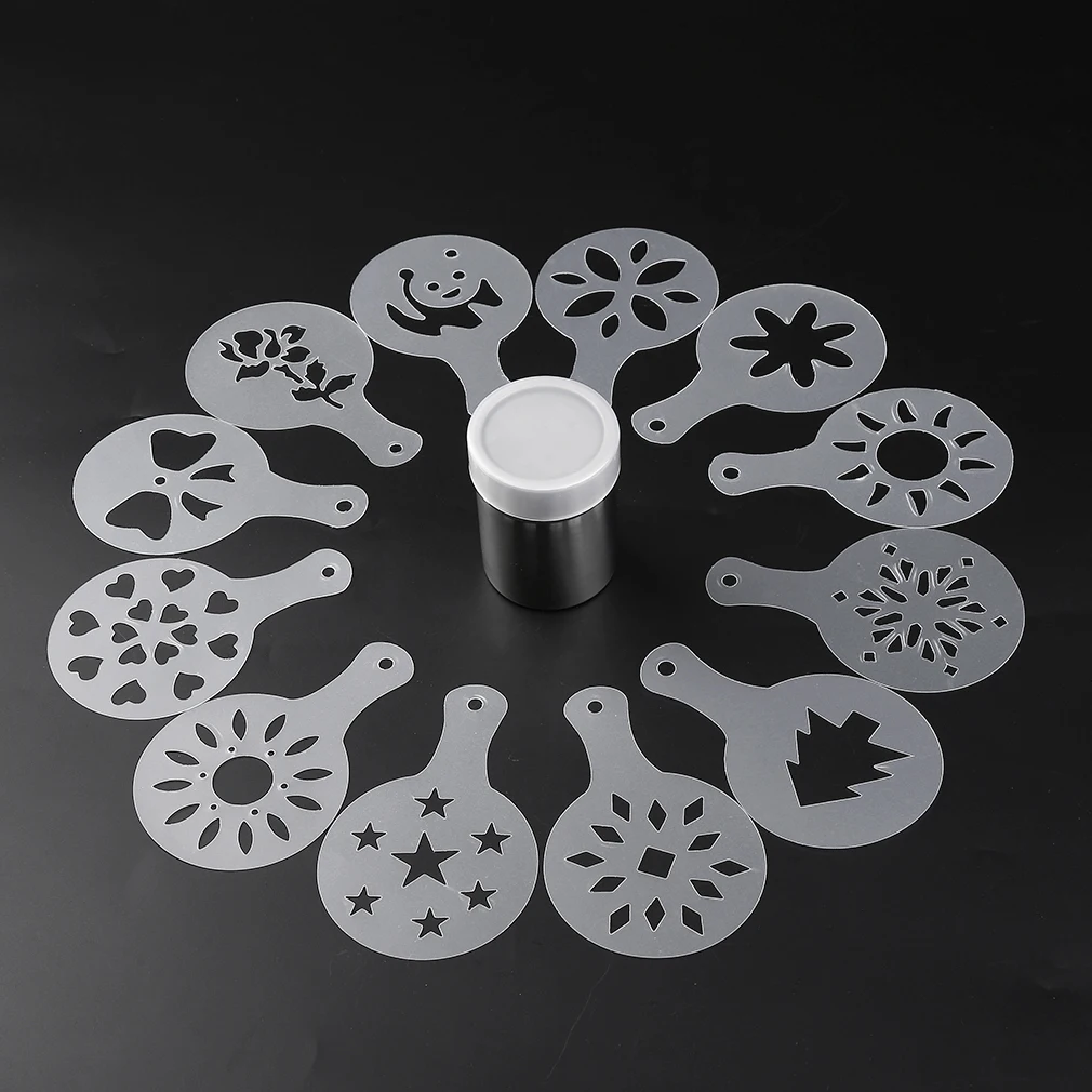 

2018 New Stainless Steel Chocolate Shaker Cocoa Flour Coffee Sifter + 12Pcs Coffee Stencils Template Strew Pad Duster Spray
