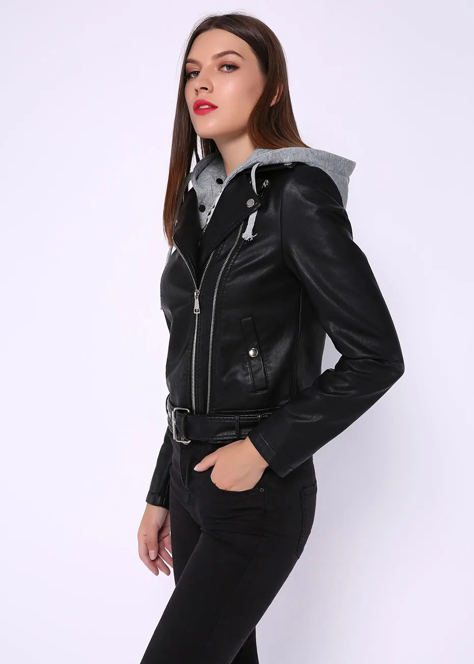 Модная кожаная женская черная мотоциклетная куртка из искусственной кожи с капюшоном короткая Готическая Женская куртка из искусственной кожи на молнии горячая распродажа