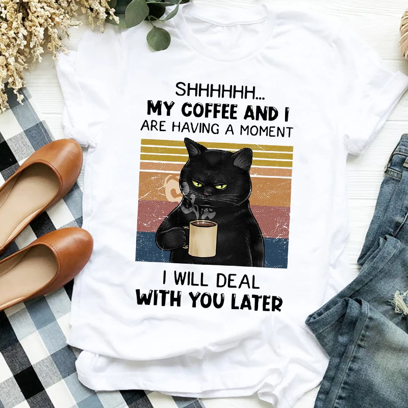 Забавная женская футболка 90 х с мультяшным котом кофейного цвета модная принтом