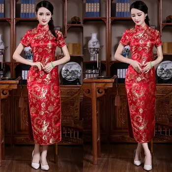

Long Red Cheongsam Sexy Formal Wedding Dresses Retro Women Evening Gown Vintage Mandarin Collar Qipao Vestidos Stage Show