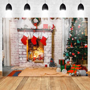 

Christmas Photography Backdrop Fireplace Christmas Tree Red Sock Background Photo Studio Kids Gifts Family Photocall Vide Props